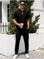 Men's black 2-piece sportswear set with zip-neck short sleeve polo and joggers - Black