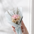 Mini dried flower bouquet with pink carnation and baby's breath in blue wrap - Light Pink Carnation Blue Paper