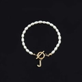 Elegant white pearl bracelet with gold OT toggle clasp and rhinestone letter J pendant - Gold Letter J (SL2013)
