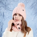 Pink winter knit beanie with pompom and matching buttoned neck warmer set for women - Pink