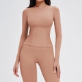 Seamless yoga set with thumb holes long sleeve top and high waist leggings in nude coffee - S / Retro Pink