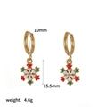 Detail view of gold snowflake earrings with red green enamel and 15.5mm size specs - Gold White Red Green Snowflake Earring Style (TE60537-GR)