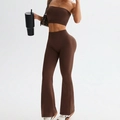 Chocolate brown seamless yoga set with cropped vest and high waist flare pants - S / Coffee