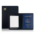 Black leather passport holder with gold airplane logo and clear 3x4 inch card slot - Black