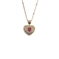 Detailed close-up of heart pendant necklace with red gemstone and pavé crystal setting - Red Center Gemstone Diamond Heart + 40CM Bead Chain