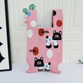 Pink knitted tote bag featuring a blue cartoon cow jacquard pattern and ACML text - Polka Dot Puppy Pink