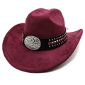 Detail of burgundy western cowboy hat featuring a leather band with rhinestone buckle - M(56-58cm) / Burgundy