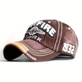Detail of vintage brown baseball cap with FIRE PARK 3D embroidery and wavy brim stitching - One Size / Coffee