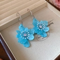 Detail of light blue resin flower earrings with pearl centers and silver hooks in a box - Light Blue Petal Pearl Rhinestone (18# Silver Earring Post)