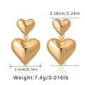 Detailed view of gold heart drop earrings with precise dimensions and weight measurements - 3D Layered Double Heart - Gold (KE1195)