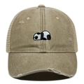 Khaki washed distressed trucker hat with panda embroidery and mesh back panels - Adjustable / Khaki
