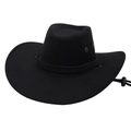 Classic black Western cowboy hat with curved brim and adjustable wind rope on white background - Black