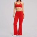 Women's red two-piece yoga set with halter sports bra and high-waisted flared leggings - 3109 Bra + 3109 Flare Pants - Bright Red