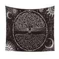 Detail eines schwarz-weißen Bohemian-Wandteppichs mit Lebensbaum und Himmelsmond-Muster - 73*95CM / Weißer Baum des Lebens