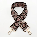 Close-up of bohemian embroidered bag strap with floral patterns and gold metal buckles - Black Beige Dark Pink Floral