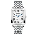 Men's silver quartz watch with square case, white Roman dial and blue hands - Men's White - Artistic Style