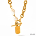 Gold plated pearl necklace set with square tag engraved with soul mate destiny text - Necklace (KCD445)