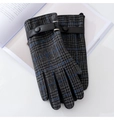 Detail of wool tweed plaid gloves featuring leather wrist strap and metallic buckle - Black Blue Plaid