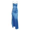 Elegante vestido midi de satén azul real con cuello drapeado y abertura alta - XS / Azul claro