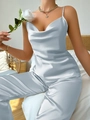 Damen zweiteiliges Seidensatin-Pyjama-Set in Hellblau mit Unterhemd und langer Hose - S / Dunstblau