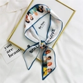 Fashionable twilly silk scarf with blue border and modern female cartoon illustrations - 7*100cm / Life and Love Blue