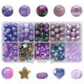 Flat lay of purple and blue cracked glass beads in 10-compartment storage box for DIY jewelry - 200Pcs/Box / Crystal Purple Series