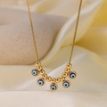 Collana in acciaio inossidabile placcata oro 18K con cinque perline malocchio blu e sfere oro - Collana Oro