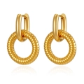 Detail of 18K gold plated stainless steel textured hoop earrings on white background - Gold Textured Round Style (MS-505C)
