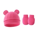Detailed knit texture of hot pink baby hat with round ears and matching anti-scratch mittens - Hat And Gloves / Rose Red
