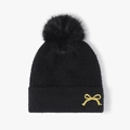 Gorro de punto negro con pompón suave y bordado de lazo amarillo en el dobladillo - Negro