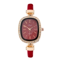 Elegant ladies quartz watch with red leather strap and rhinestone rose gold oval dial - Red