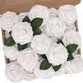Box of white artificial PE foam roses with green leaves for home decor and gifting - Pure White