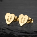 Golden heart-shaped stainless steel stud earring featuring an engraved letter U detail - Letter U / Gold