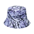 Detailed view of street style graffiti bucket hat with purple ink splash and durable stitching - 58cm / Purple