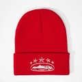 Bonnet en maille rouge avec broderie blanche de cinq étoiles et silhouette d'île - Rouge