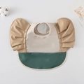 Waterproof baby bib in beige and dark green with frilled sleeves and food catcher pocket - Wings - Light Gray And Brown / One Size