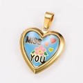 Golden heart locket pendant with blue enamel, pink flowers and Miss You text - Miss You Blue Flower Style (款式4)