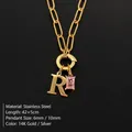 Exquisite stainless steel necklace featuring a letter R pendant and a pink gemstone - Letter R