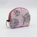 Pink semi-circle coin purse with purple floral patterns and silver metal key ring - Pink Bouquet
