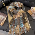 Thick mohair scarf in brown plaid with blue and yellow accents and fringe tassels - Starry River Blue Camel