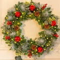 Flocked Christmas wreath with LED lights, pine cones, red berries and festive ornaments - Timer Waterproof Battery Light (SYWT009)