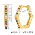 Detailed dimensions of hexagonal gold hoop earrings with multi-colored cubic zirconia stones - Hexagon Colorful Zirconia Huggie (KE0005)