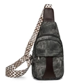 Gray vintage canvas crossbody bag with brown leather accents and geometric woven strap - Black