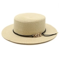 Détail d'un chapeau de paille beige avec ruban en corde noire et boucle de chaîne dorée - M (56-58cm) / Poche zippée