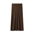 Elegant dark brown satin midi skirt with glossy finish and fluid drape on white background - XS / Coffee