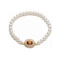 Elegante pulsera de perlas con centro ovalado dorado e incrustación de concha marrón en blanco - Ojo de tigre