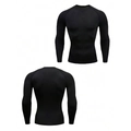 Front and back views of black compression long sleeve running shirt with dry-fit fabric - Black + Black