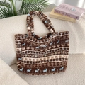 Plush tote bag in coffee brown with white deer pattern and soft fleece texture - Plush Blue Deer