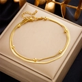 Double-layer gold plated stainless steel anklet with snake chain and round beads - Gold
