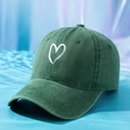 Vintage dark green washed cotton baseball cap with a white embroidered heart design - One Size (57-59cm) / Dark Green (Stitched)